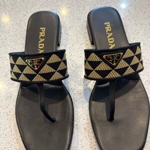 Prada Black Leather Thong Sandals with Gold Geometric Band